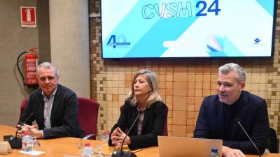Jorge Fombellida, Carmen Álvarez y Daniel Marco, en la presentación de Cevisama 2024 en la sede de la asociación Ascer en Castellón.
