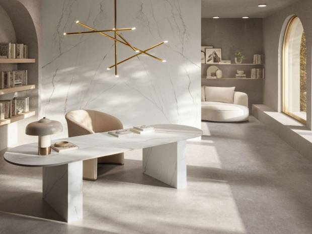 $!Mesa y revestimiento: Montblanc y pavimento Studio Grey, de Venux.