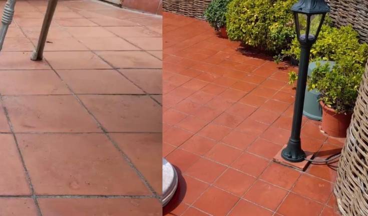 Terraza de barro antes y después de ser tratada con Salvaterrazza, de Fila. $!Terraza de barro antes y después de ser tratada con Salvaterrazza, de Fila.