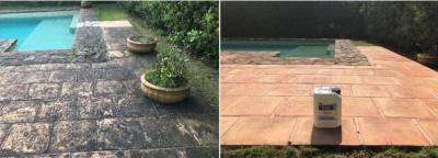 Imagen de la misma área anexa a la piscina antes y después del tratamiento con Algacid, de Fila Solutions.