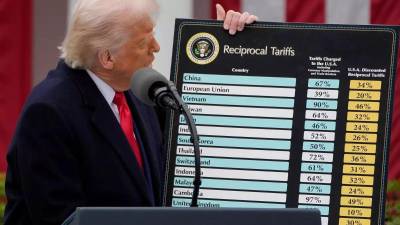 El presidente de EEUU, Donald Trump, durante el anuncio de los nuevos aranceles, el 2 de abril.