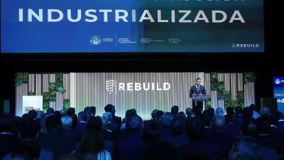 El presidente Pedro Sánchez durante la presentación del PERTE de la vivienda industrializada