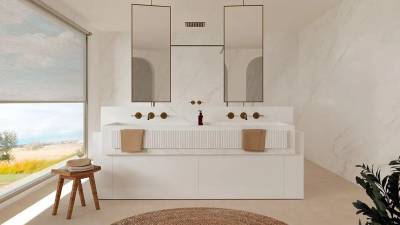 $!Ambiente de baño con revestimiento de paredes y lavabo en Xtone Glem White.