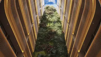 Recreación del atrio principal del hotel The Bank con un jardín vertical de 20 metros.