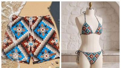 Bañador y bikini que se lanzará a la venta en Meliana con el mosaico de Nolla. / A.M.