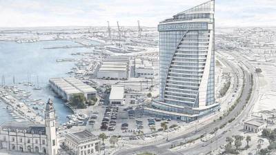 Recreación virtual del futuro hotel y su ubicación aproximada en el entorno del puerto de València generada a través de inteligencia artificial.