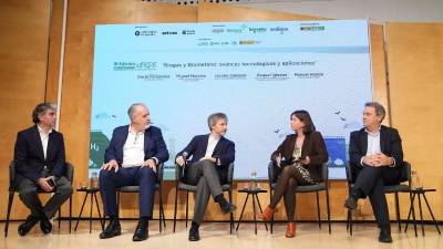 $!David Fernández, vicepresidente de AEBIG, Miguel Mayrata, director de gases renovables en Redexis Renovables; Jacobo Canseco, director de Green Energy en AXPO Iberia; Raquel Iglesias, responsable de la Unidad de Biocarburantes Avanzados y Bioproductos de CIEMAT, y Manuel Alonso, director general de BIORIG.