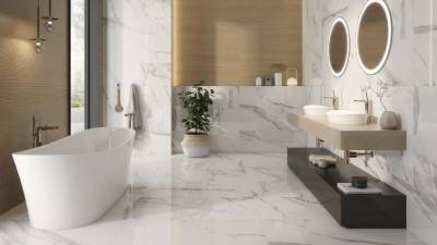 $!Marble Calacatta 40x120 R, Suite Indiana Roble 40x120 R y Marble Calacatta Pulido 60x120 R.