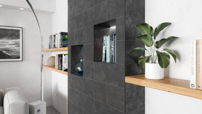 Con Schlüter-Finec-SQ se crea un diseño de esquina elegante y discreto para baldosas con espesores entre 11 y 15 mm.