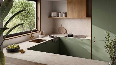 $!Neolith Taj Mahal en encimera y revestimiento de cocina.