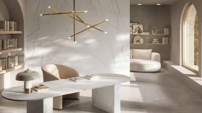 $!Mesa y revestimiento: Montblanc y pavimento Studio Grey, de Venux.