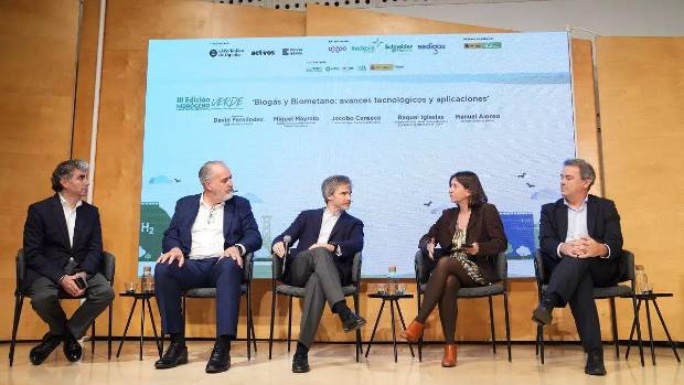 $!David Fernández, vicepresidente de AEBIG, Miguel Mayrata, director de gases renovables en Redexis Renovables; Jacobo Canseco, director de Green Energy en AXPO Iberia; Raquel Iglesias, responsable de la Unidad de Biocarburantes Avanzados y Bioproductos de CIEMAT, y Manuel Alonso, director general de BIORIG.