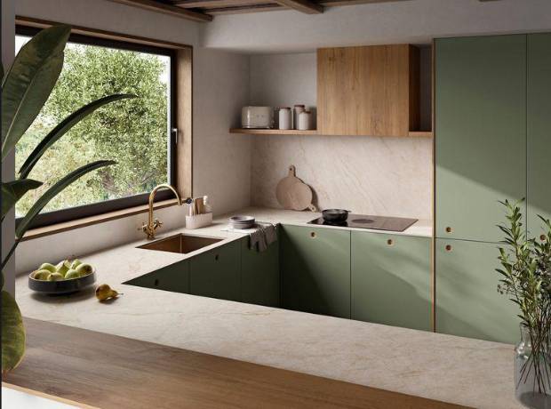 $!Neolith Taj Mahal en encimera y revestimiento de cocina.