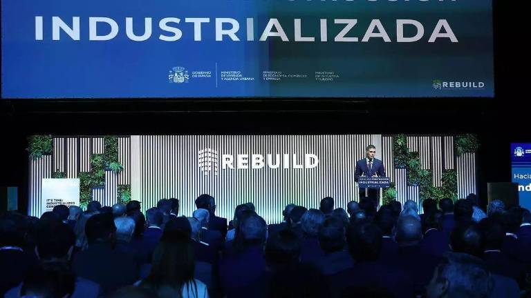 El presidente Pedro Sánchez durante la presentación del PERTE de la vivienda industrializada